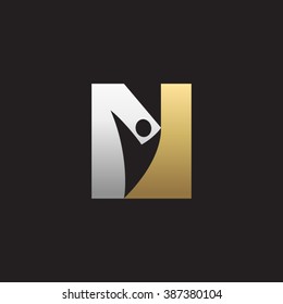 N initial alphabet letter logo with negative space swoosh man, silver gold black background