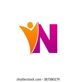 N initial alphabet letter logo with swoosh man, orange purple