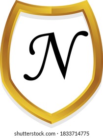 N alfabeto inicial plantilla de logotipo de marco metálico de escudo dorado metálico