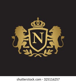 N initial business, clean luxury crest logo with lions