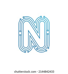 N initial letter Circuit technology illustration logo vector template