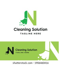 N initial letter combine with broom for cleaning service, house maintenance, repair, housecleaning, logo vector template concept