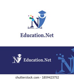 N Initial letter for Education/Academy Technology with Toga hat cap and children