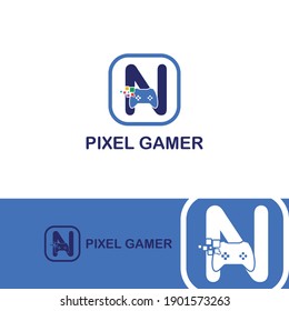 N initial letter with game console icon and pixel for gaming logo concept. game startup application
