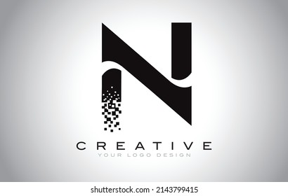 N Initial Letter Logo Design with Digital Pixels in Black and White Colors.
