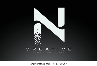 N Initial Letter Logo Design with Digital Pixels in Black and White Colors.