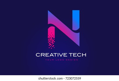 N Initial Letter Logo Design with Digital Pixels in Blue and Purple Colors.