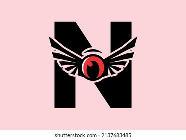N initial letter with red eye wings design