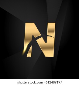 N initial letters swoosh elegant logo golden black background