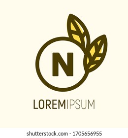 N initial logo. beauty of nature doodle organic leaf emblem and frame. two leaves health environmental. health icon. eco symbol.