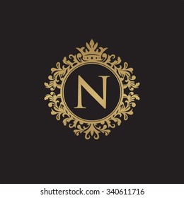 N initial logo. Luxury ornament crown logo