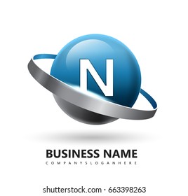 n initial Logo with uppercase letter in sphere and swoosh