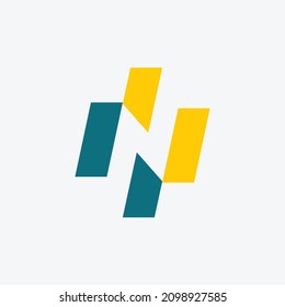 N initial-based logo with two blue and yellow rectangles in negative space. Brand identity for company, organization, institution, and business.