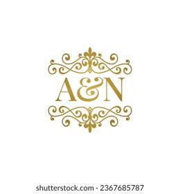 A N initials logo ornament gold. Letter AN wedding ampersand or business partner symbol.