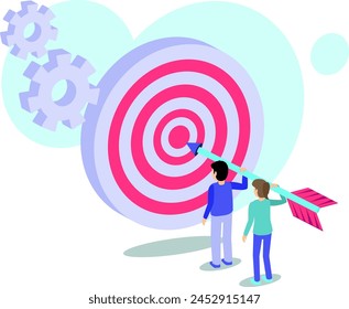 n isometric illustration showcasing two individuals with a dart aiming at a large target, symbolizing collaboration and shared objectives. Vector illustrator. 