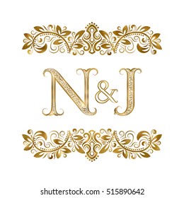 N and J vintage initials logo symbol. The letters are surrounded by ornamental elements. Wedding or business partners monogram in royal style.