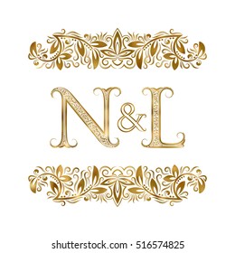 N and L vintage initials logo symbol. The letters are surrounded by ornamental elements. Wedding or business partners monogram in royal style.