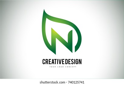 N Leaf Logo Letter Design with Green Leaf Outline Vector Illustration.