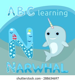 N letter ABC kids Baby narwhal w rainbow horn vector illustration Cute cartoon narwhal vector Sea mammal vector Sea life theme Happy boy narwhal Sea animal alphabet Kids learning Educational playing