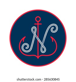 N letter with an anchor and rope vector vintage label, logo, icon design template element. This badge can be used as trademark or a print on fabric.