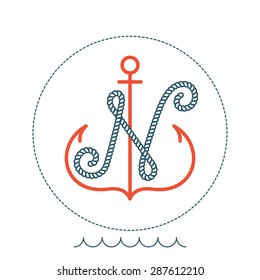 N letter with an anchor and rope vector vintage label, logo, icon design template element. This badge can be used as trademark or a print on fabric.