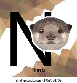 N letter animals set. English alphabet. Nutria Vector illustration. Colorful polygonal style. Nutria