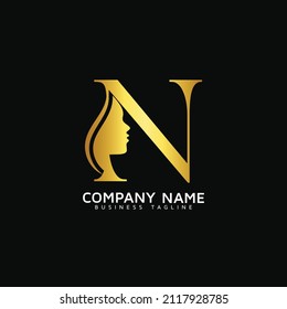 N Letter Beauty Face initial N luxury beauty queen woman face logo design vector. consisting of letter N with lady face on negative space