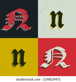 N letter blackletter style logo set with grunge texture. Stylish horror gothic icon font. Perfect for retro style identity, music album covers, movie posters, luxury packaging, medieval design.