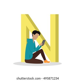 N letter and boy sitting and reading e book or watching movie isolated. Social network. Alphabet with cartoon pictures of people using modern computer technologies. Flat design. ABC vector