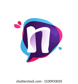 N letter chat app logo at colorful watercolor splash background. Color multiply style. Bubble speech vector typeface for labels, headlines, posters, cards etc.