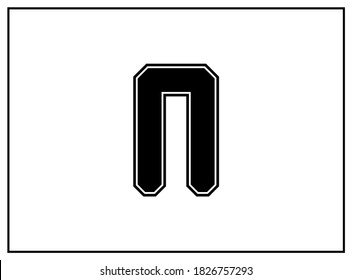 N letter classic american, college style font. Uniform letter in black with a black outside contour line. Vintage sport font.For jersey, t-shirt, basketball, baseball, football. Isolated vector