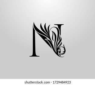 N Letter Classic Heraldic logo. Graceful Floral Alphabet Mark for book design, letter stamp, weeding card, brand name, business card, Restaurant, Boutique, Hotel. 