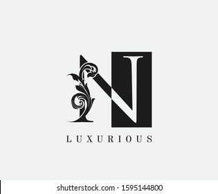 N Letter Classic Vintage Logo. Minimalist N With Classic Leaves and Square Shape design perfect for fashion, Jewelry, Beauty Salon, Cosmetics, Wedding, Spa, Hotel and Restaurant Logo. 