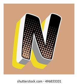 N letter comic alphabet retro with dotted textures and 3D effects