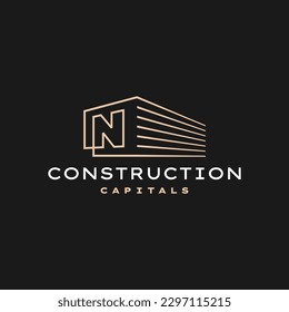 N Letter Construction 3D Perspective Gold Outline  Logo Vector Icon Illustration