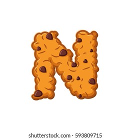 N letter cookies. Cookie font. Oatmeal biscuit alphabet symbol. Food sign ABC
