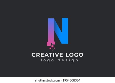 N Letter Design with Creative Dots Bubble and Blue Pink Colors Vector Illustration.