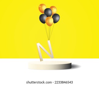 N letter design hanging with golden and black balloons
