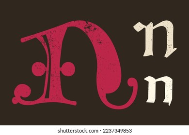 N letter drop cap logo. Illuminated initial and blackletter uppercase and lowercase. All you need to precisely imitate medieval text. Decorative element for the beginning of a paragraph or section.