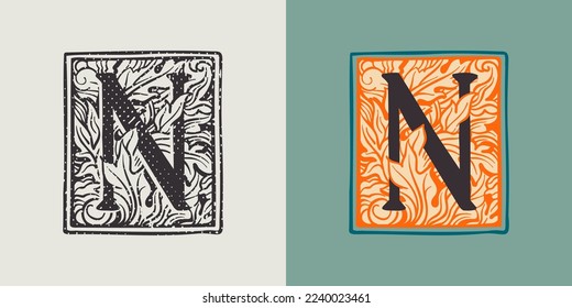 N letter drop cap logo in engraved medieval style. Set of dim colored and monochrome square shaped illuminated initials. Perfect for vintage premium identity, Middle Ages posters, luxury packaging. - Shutterstock ID 2240023461