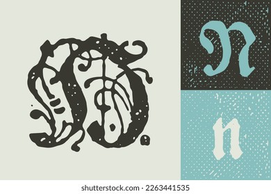 N letter drop cap logo. Illuminated initial and blackletter uppercase and lowercase. All you need to precisely imitate medieval text. Decorative element for the beginning of a paragraph or section.