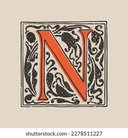 N letter drop cap logo in medieval engraving style. Blackletter square initial. Illuminated dark-age emblem with lush foliage and tulips. Perfect for vintage identity, gothic posters, luxury packaging