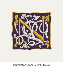 N logotipo del capuchón de caída de letra. Incidencia medieval cuadrada con textura dorada y vid blanca. emblema de caligrafía renacentista. Elementos premium vectoriales para identidad de lujo, paquete vintage, carta grabada, etc.