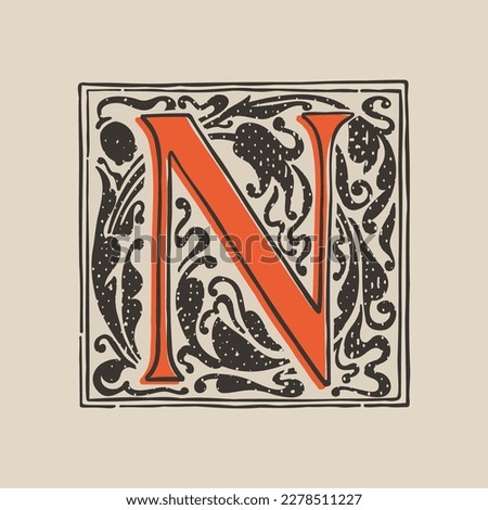 N letter drop cap logo in medieval engraving style. Blackletter square initial. Illuminated dark-age emblem with lush foliage and tulips. Perfect for vintage identity, gothic posters, luxury packaging Foto stock © 