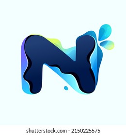 N letter eco logo with blue dew drops in hologram glitch style. Environment friendly icon with color shift and illusion effect. Vector idea for waste recycling identity or organic merchandise.