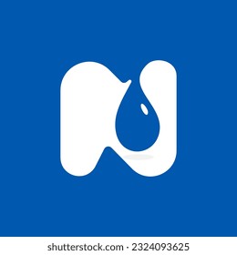 N letter eco logo with blue water dew drops. Negative space icon. Spring water emblem. Vector template for pure drink company, swimming posters, waste recycling identity, fight against drought adv.