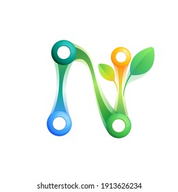 N letter eco logo with colorful spheres or dots and connecting lines. Vector green icon perfect to use in any agriculture labels, science posters, spring identity, etc.