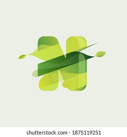 N letter eco logo with green diagonal stripes, leaves and waves. Vector font perfect to use in agriculture labels, herbal cards, nature posters, vegan identity, etc.