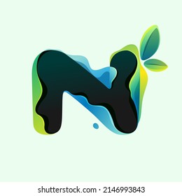 N letter eco logo with green leaves in hologram glitch style. Environment friendly icon with color shift and illusion effect. Vector element for waste recycling identity, natural theme presentation.