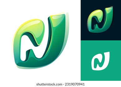 N letter eco logo. Green leaf carving. 3D realistic icon. Environment friendly forest initial in watercolor style. Font for botanical labels, floral headlines, recycle posters, organic cards.